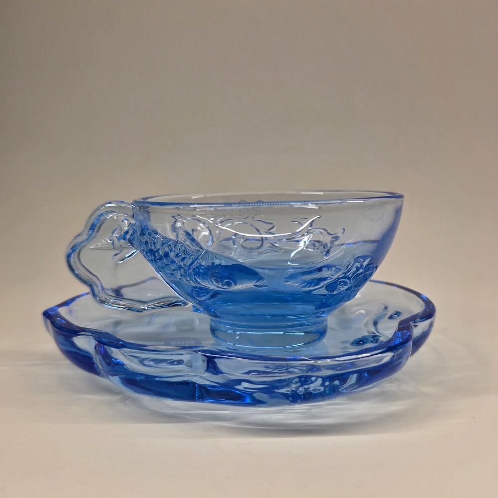 Tittot Blue Glass Tea Cups & Saucers Koi Fish Pattern Set